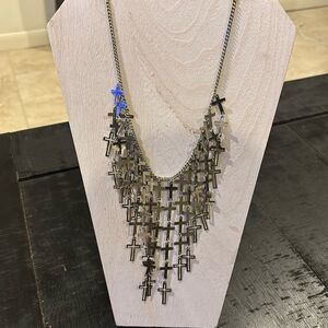 Cross Dangle Charm Graduated Chain Bib Necklace Jewelry Silver Tone​